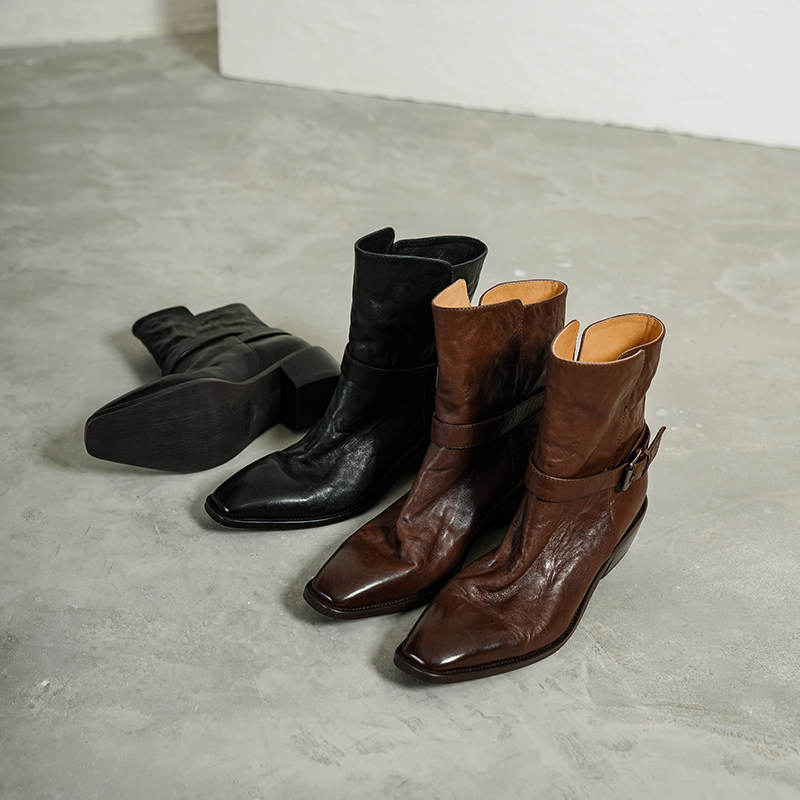 高定手工 Vintage头层牛皮真皮短靴女皮带扣机车靴气质显瘦马丁靴