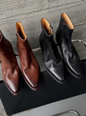 时髦腿精 Elegan头层牛皮短筒靴子短靴女尖头西部靴牛仔做旧复古