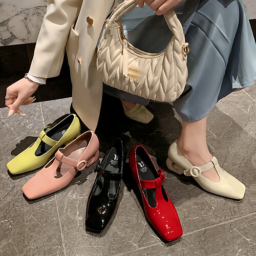 街头御姐 Elegant气质方头t型搭扣牛皮真皮亮皮高跟鞋中跟单鞋女