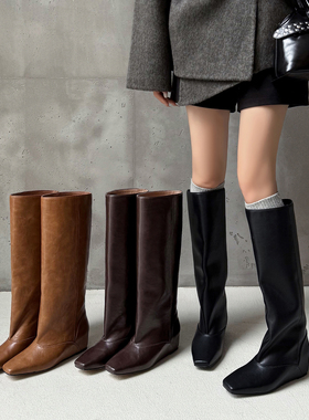 店主自留 Minority方头高筒靴女长靴牛皮真皮内增高显瘦长筒靴子