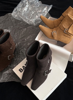 时髦复古 Elegan真皮牛皮短筒靴子短靴女靴子方头粗跟磨砂牛皮