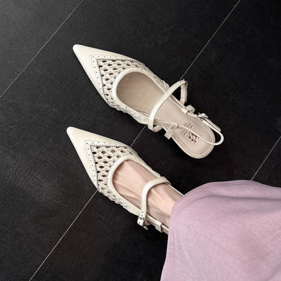 小众设计 Literary头层牛皮真皮尖头包头凉鞋女一字扣镂空单鞋女