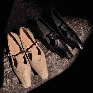真皮鞋 T字扣带粗跟中跟单鞋 Elegant头层羊皮玛丽珍女鞋 复古街头