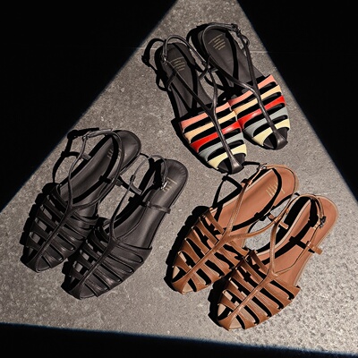 轻奢个性 Literary真皮头层牛皮罗马风镂空包头凉鞋女平底女鞋子