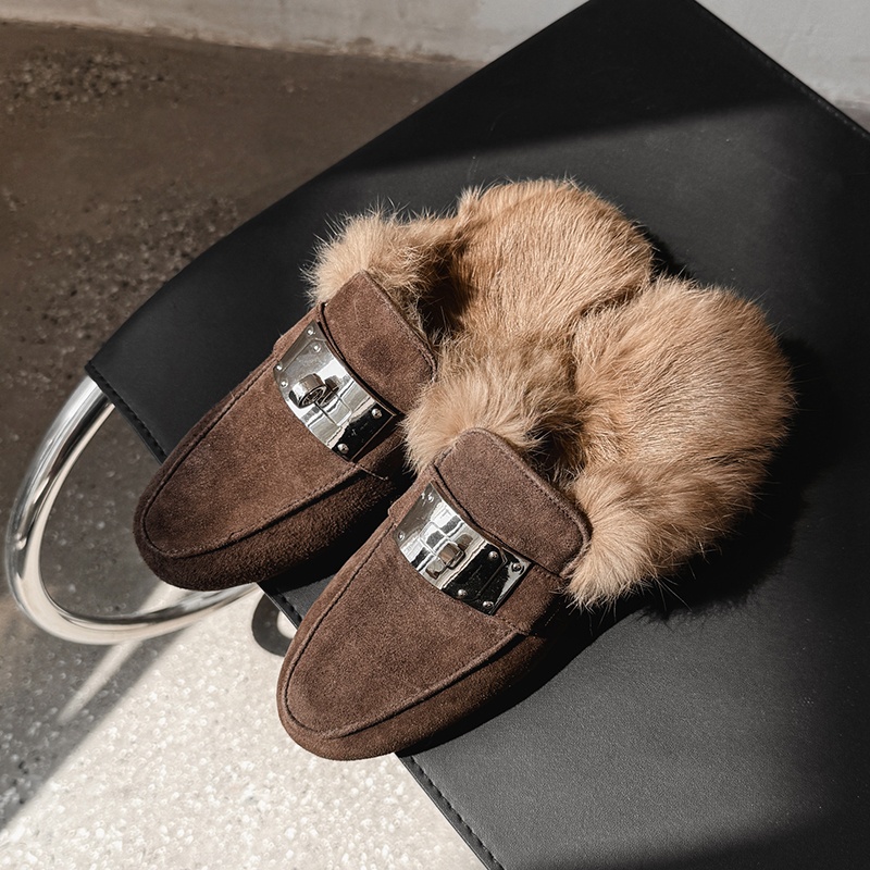 店主强推 Elegant复古真皮低跟保暖棉鞋加绒冬季毛毛鞋牛皮女拖鞋