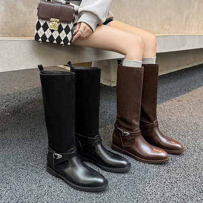 高定手工 Literary圆头女靴子高筒靴长靴子真皮牛皮磨砂皮长筒靴