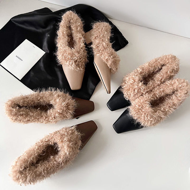 巨显气质 Literary粗跟毛毛单鞋女真牛皮方头保暖轻奢外穿深口鞋