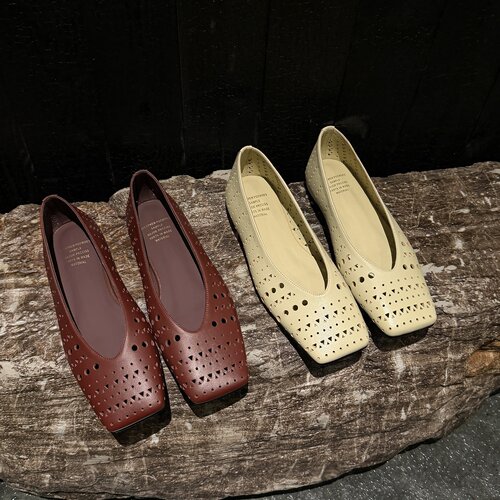 店主自留 Elegant头层羊皮真皮方头镂空真皮浅口单鞋女鞋平跟凉鞋