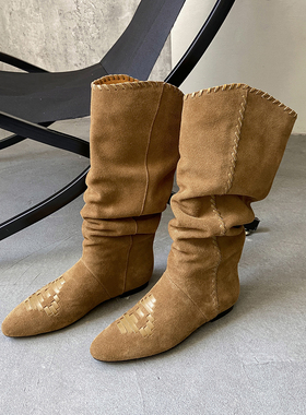 全皮时髦 Elegan真皮中筒靴子低筒靴圆头平底女靴子磨砂牛皮编织