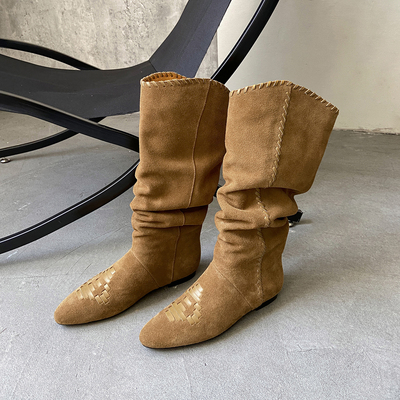 全皮时髦 Elegan真皮中筒靴子低筒靴圆头平底女靴子磨砂牛皮编织