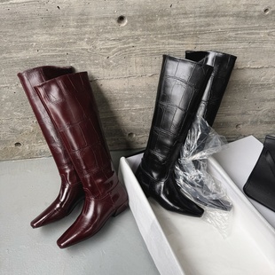 超贵气显瘦 Elegant方头及膝靴子女靴长筒高筒长靴真皮全皮牛皮靴