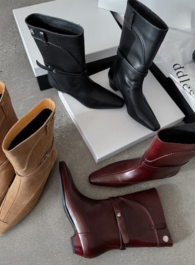 酷飒机车 Literary方头套筒皮带牛皮真皮短靴子女靴中筒中跟低筒