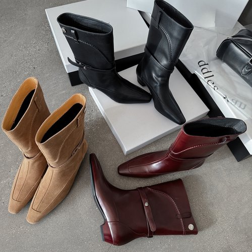 酷飒机车 Literary方头套筒皮带牛皮真皮短靴子女靴中筒中跟低筒