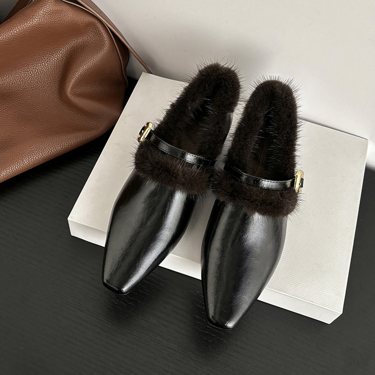 复古法式 Literary方头平底毛毛单鞋女深口玛丽珍鞋牛皮真皮棉鞋