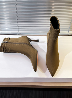 尖头高跟短靴子女2024年秋冬绒面细跟袜靴黑色通勤弹力靴瘦瘦靴