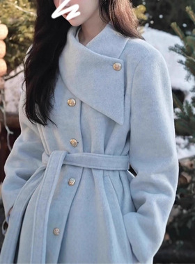 韩系高级感蓝色毛呢外套女秋冬季2025新款加厚设计感收腰呢子大衣