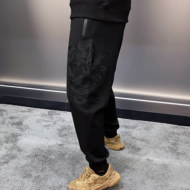 中国风龙纹刺绣加绒卫裤男秋冬纯棉休闲裤龙年国潮小脚运动长裤子
