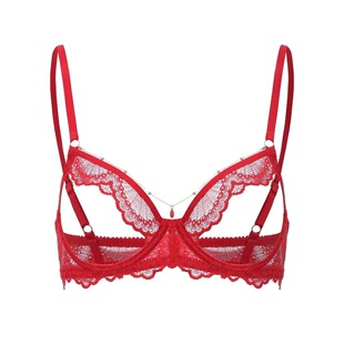 性感诱惑墨绿色蕾丝半遮文胸套装 女钢圈聚拢小胸显大链条镂空纯欲