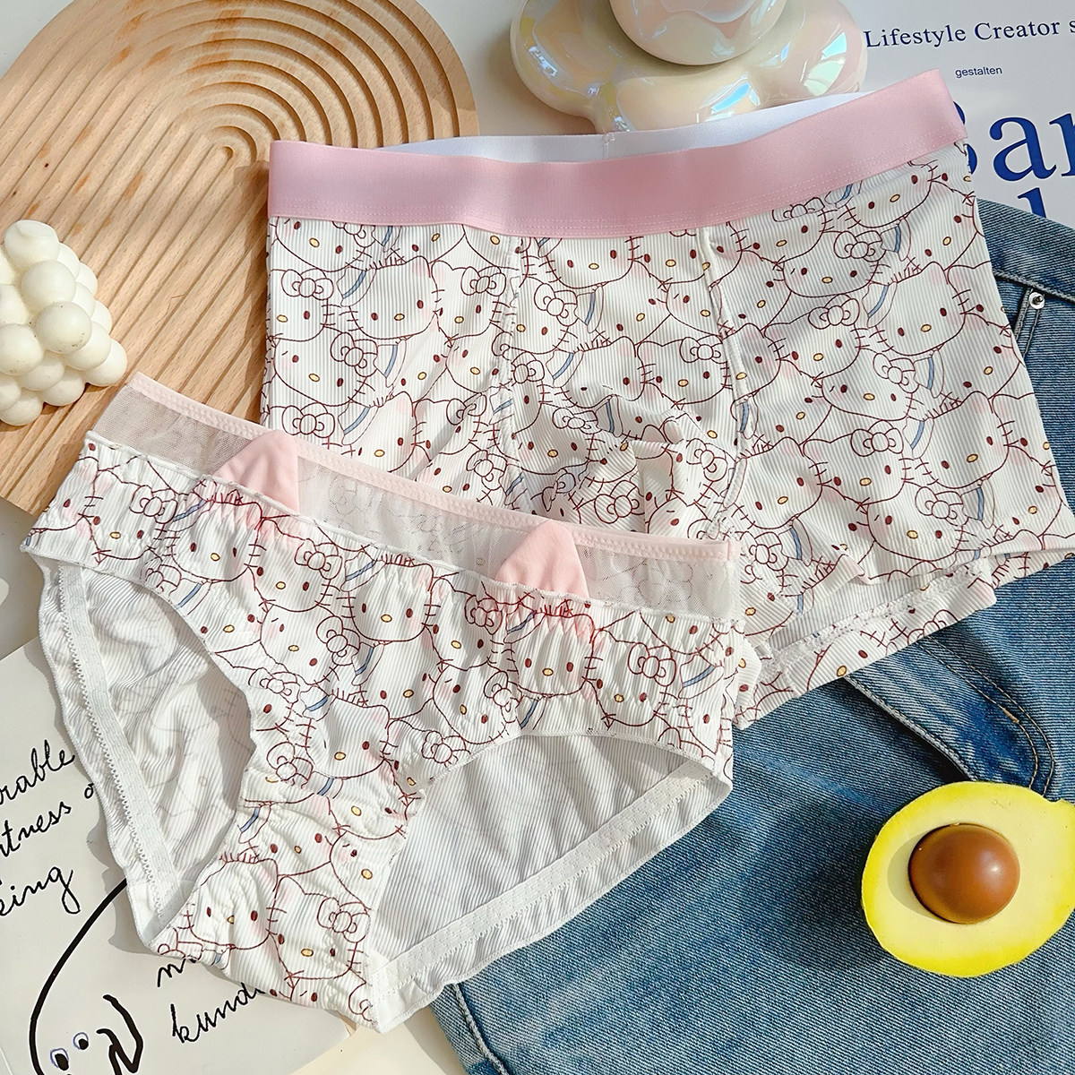 Kitty嫁到~日系可爱性感镂空网纱卡通印花一男一女两条情侣内裤套,女士内衣/男士内衣/家居服,男平角内裤,淘宝优惠券,粉丝福利购,淘宝优惠卷