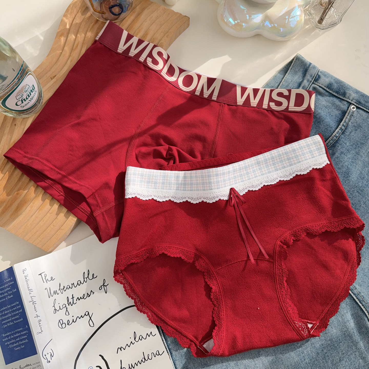 安可拉红格子纯棉抗菌情侣内裤