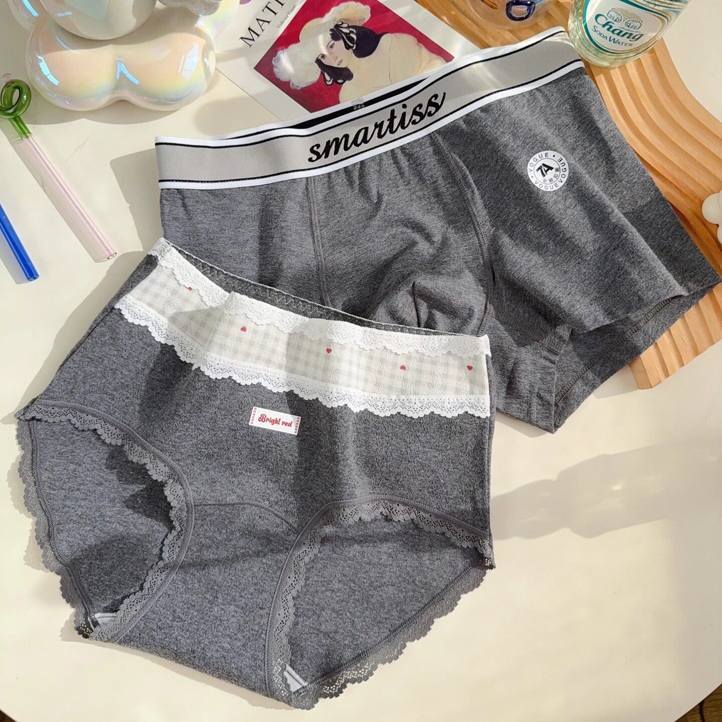 韩系撞色格子纯棉舒适高腰包臀甜美抗菌烟灰透气情侣内裤一男一女,女士内衣/男士内衣/家居服,男平角内裤,淘宝优惠券,粉丝福利购,淘宝优惠卷