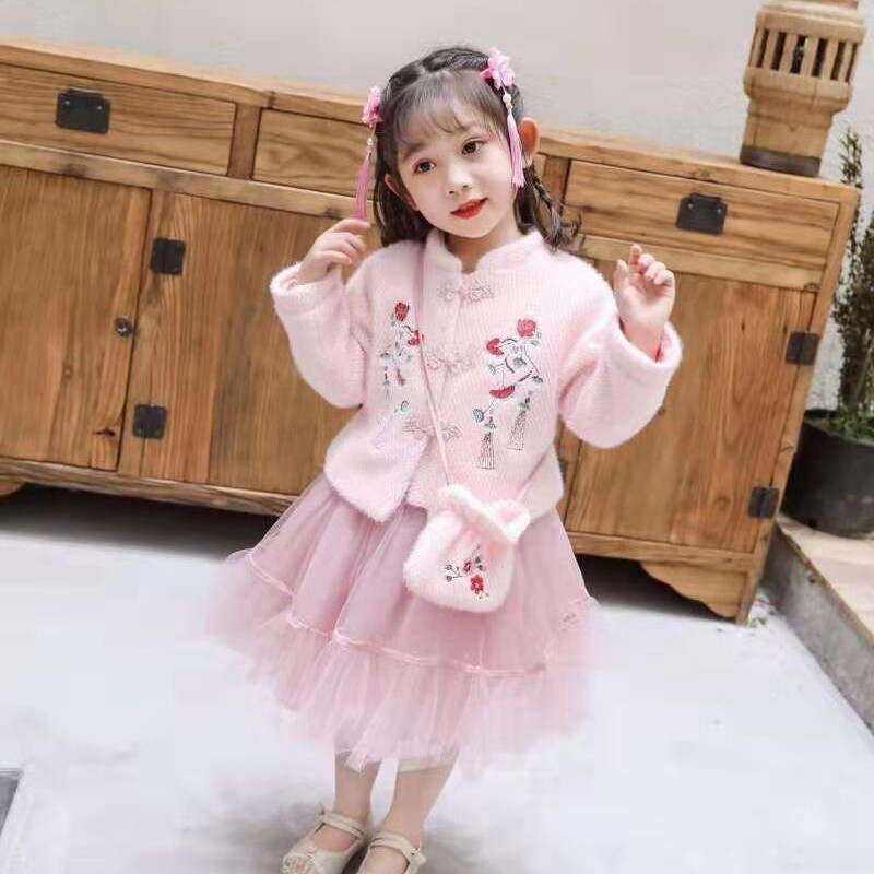 儿童裙子新款女宝宝套装秋冬款女童公主裙中国风两件套裙子套装裙