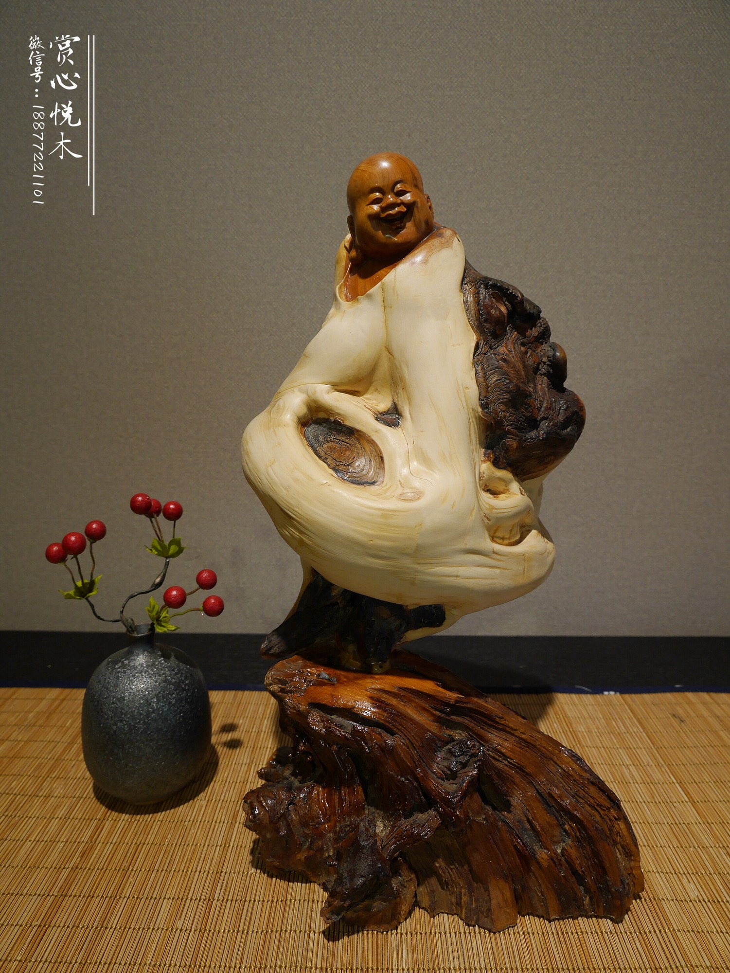 太行崖柏双色虎皮疤开心弥勒佛客厅玄关风水家居禅意摆件木雕根雕