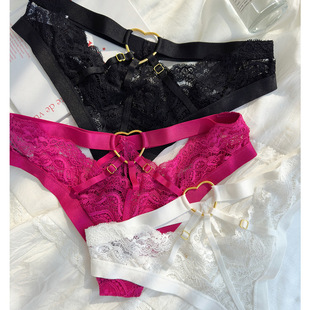 thong 轻奢欧美bikini 蕾丝镂空三角裤 女低腰爱心扣性感纯欲丁字裤