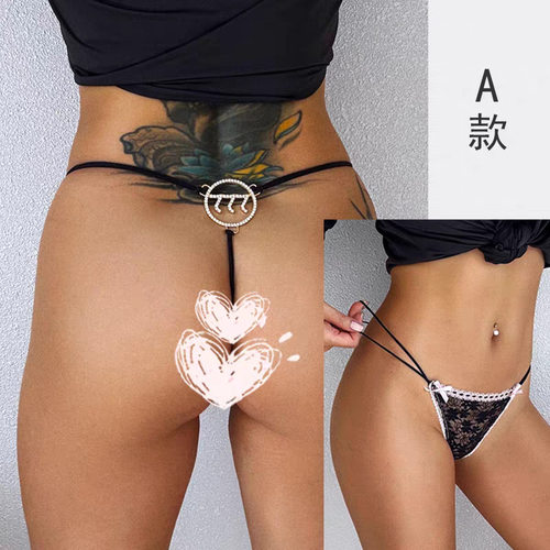 欧美数字777LOGO个性夸张镶钻字母链条内裤女性感蕾丝丁字裤