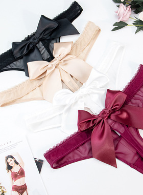 Varsbaby 欧美薄款内裤 透明网纱丁字裤女士 大蝴蝶结T裤1件代发