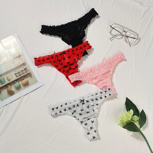 欧美荷叶边蝴蝶结网纱丁字裤女弹性好T裤棉裆性感蕾丝三角裤跨境
