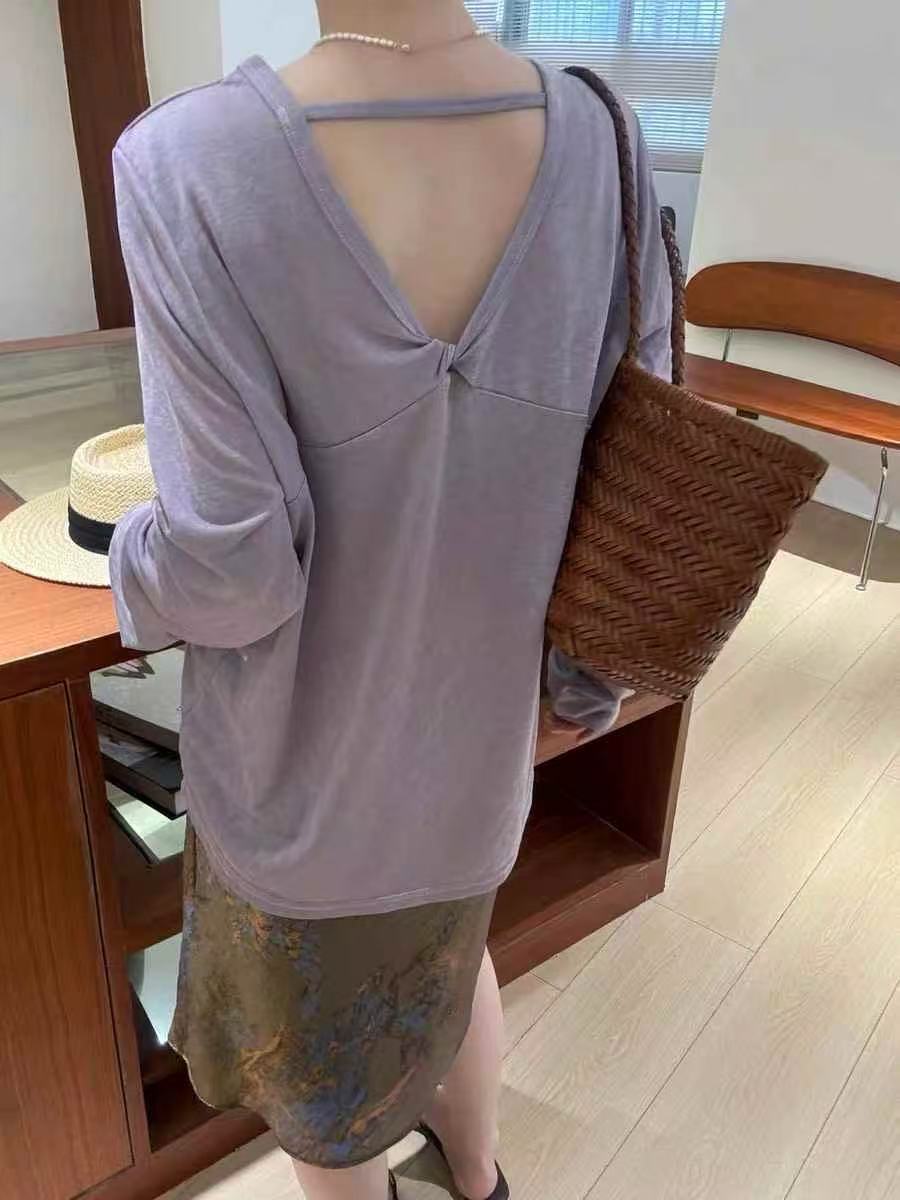 莱赛尔夏季新款宽松大版长袖T恤上衣露背褶皱设计薄款防晒衣女