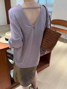 莱赛尔夏季新款宽松大版长袖T恤上衣露背褶皱设计薄款防晒衣女