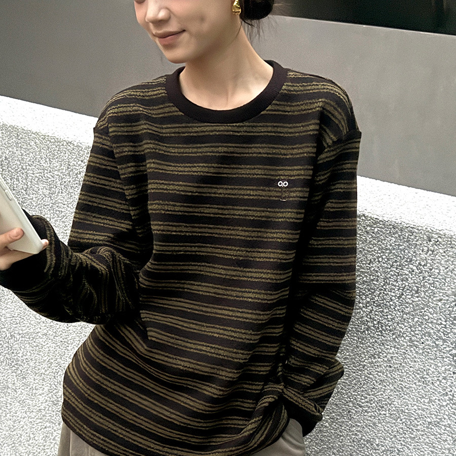 黎诺秋冬新韩版卡通猫刺绣撞色条纹针织衫女2025宽松减龄长袖