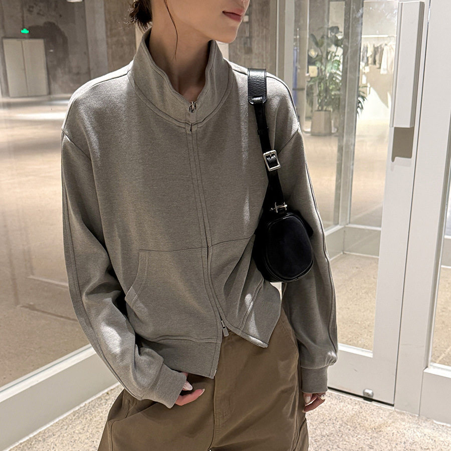 黎诺秋季新款韩系简约纯色立领长袖卫衣女2026休闲百搭短外套上衣