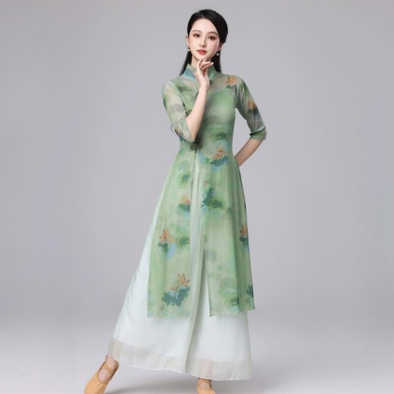 绿色古典舞服装荷花新中式舞蹈服女弹力练功服民族风舞蹈演出服
