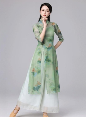 绿色古典舞服装荷花新中式舞蹈服女弹力练功服民族风舞蹈演出服