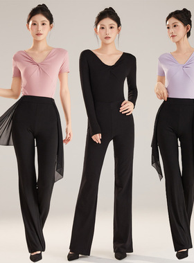 新款形体训练服装暗扣连档舞蹈练功服女黑色连体套装表演走秀