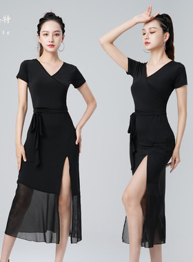 拉丁舞连衣裙夏季成人女新款短袖舞蹈演出服2026练功舞裙大摆长裙