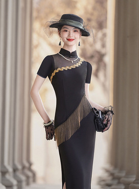 黑色走秀旗袍2025新款弹力免烫高端舞台表演出服团队年轻款修身