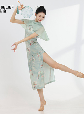 原创绿色旗袍舞蹈服女无袖印花跳舞服古典舞演出服中国风练功服