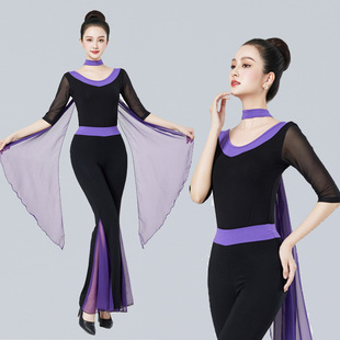高端紫色形体服上衣女拼色纱袖舞蹈服模特走秀练功礼仪培训导师服