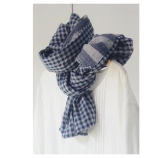 日韩秋冬清新蓝色小格子条纹双面全棉围巾  柔软舒适保暖护颈围脖