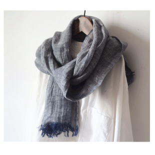 日本外贸订单 纯麻散流苏围巾  质感麻灰蓝色男女秋亚麻围巾丝巾