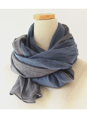 春秋文艺日系蓝灰色拼色棉麻围巾 柔软细腻亲肤空调护颈披肩围