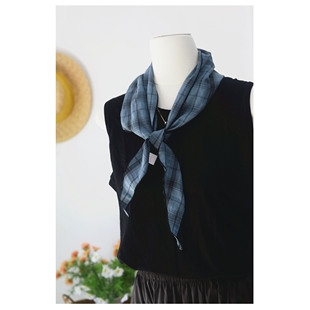 棉麻感日式复古黑白格子三角巾春秋夏薄款护颈斜角装饰领巾发带女