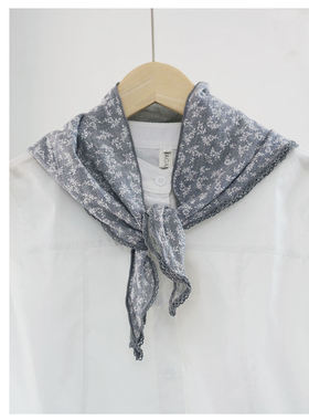 浅灰色棉麻薄款三角巾 女夏季文艺碎花百搭装饰小领巾发带包带