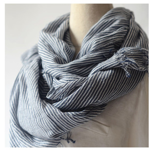 日系简约干净清新文艺条纹棉麻围巾 色男女披肩纱巾 咖黑蓝色经典