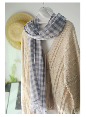 外贸日系气质温柔灰色格子棉麻围巾 男女秋冬百搭文艺保暖薄款披