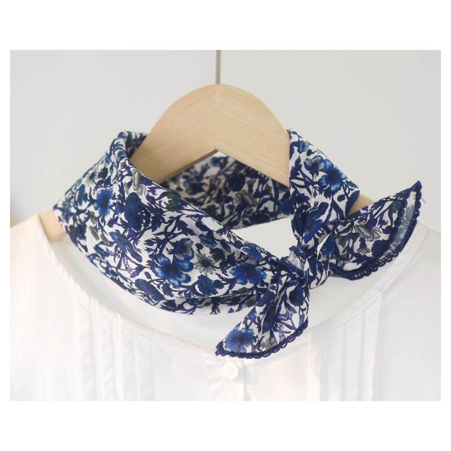 蓝色文艺碎花方巾 柔软舒适春夏护颈森系百搭包头装饰小方巾纱巾